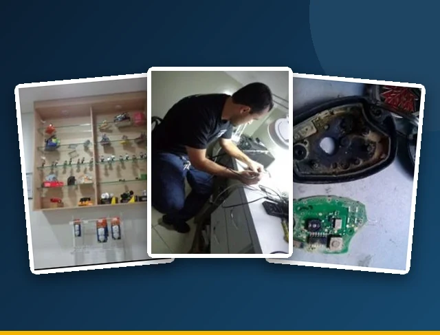 Fotos da loja A Casa das Chaves em Jacareí: atendimento na bancada, vitrine de produtos e conserto de chave com controle